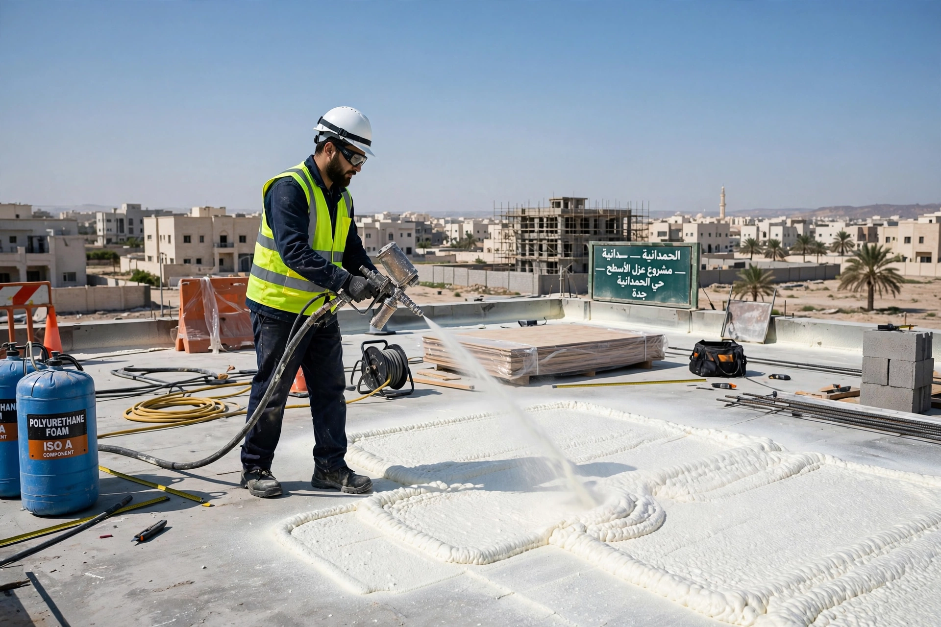 تنفيذ عزل فوم بجدة للاسطح الخرسانية والمبلطة لمنع تسريب مياه الامطار وحرارة الشمس